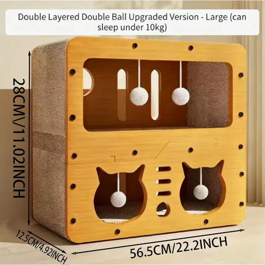 Spacious Multi-Functional Indoor and Outdoor Cat House with Dual Scratch Pads, Plush Balls, Ventilated Door, and Durable Plywood & Kraft Paper Construction