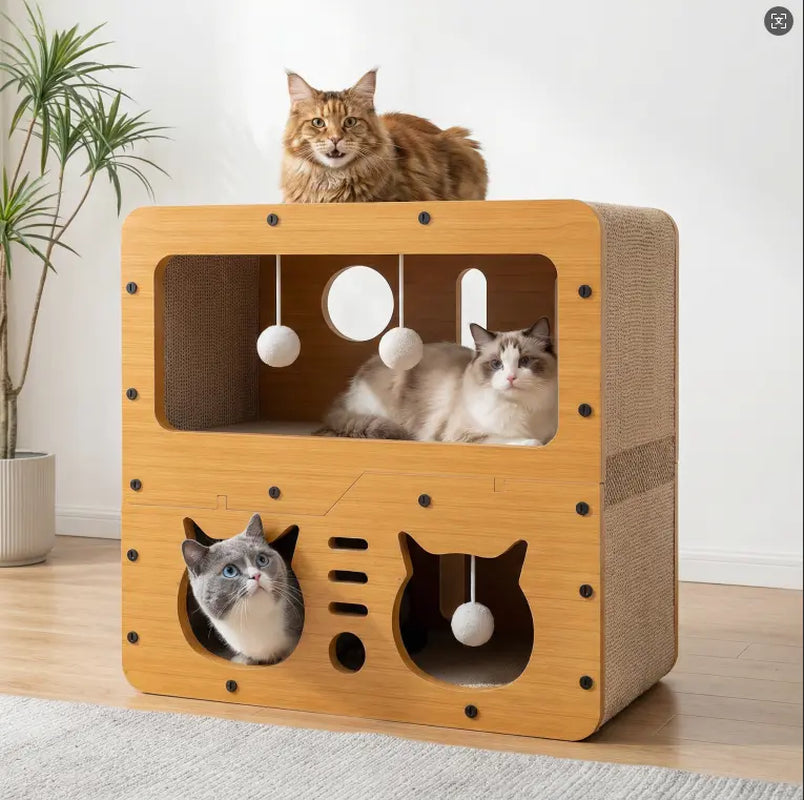 Spacious Multi-Functional Indoor and Outdoor Cat House with Dual Scratch Pads, Plush Balls, Ventilated Door, and Durable Plywood & Kraft Paper Construction